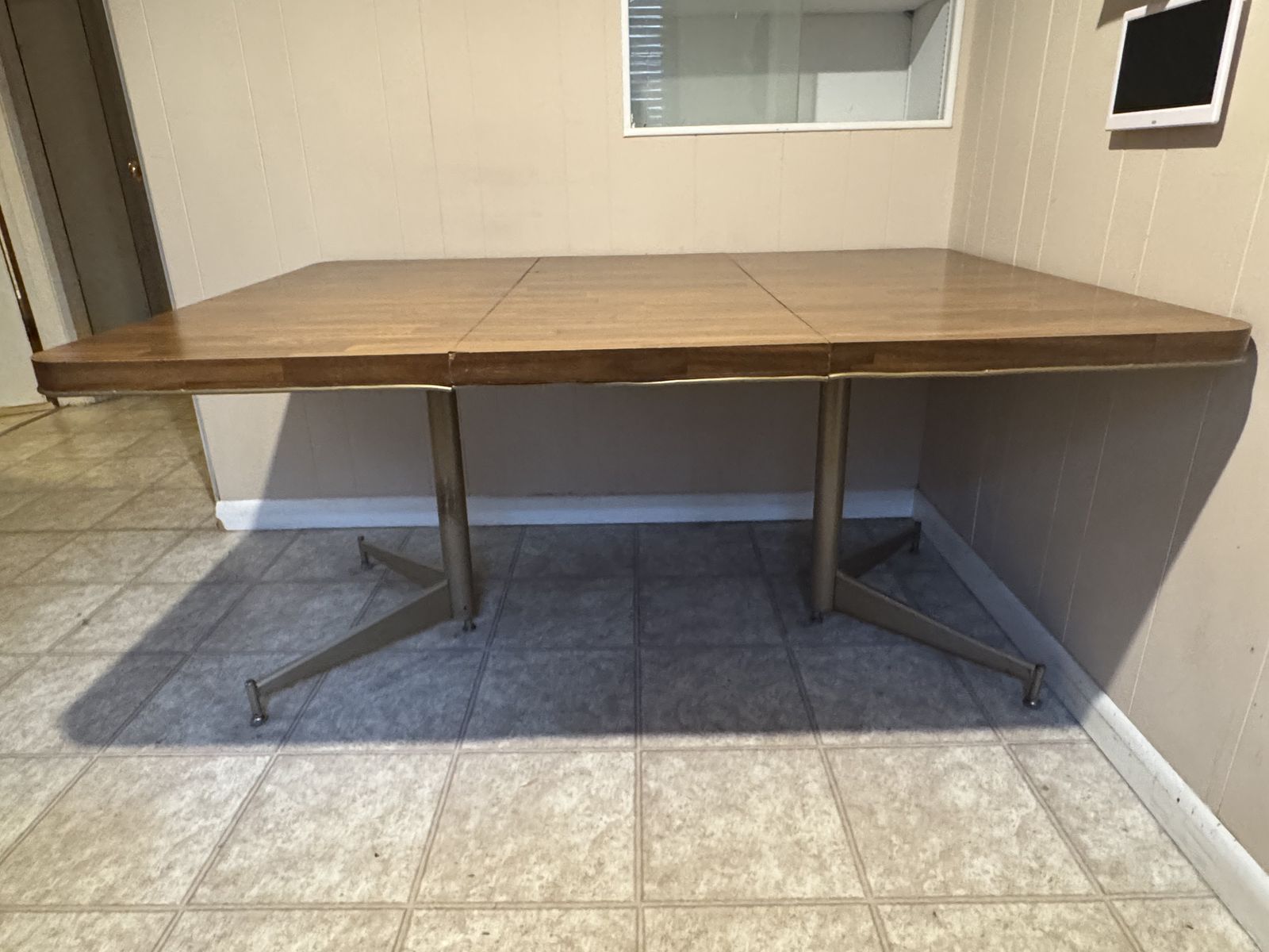 Vintage Mid-Century Modern Extensible Dining by Table with Pedestal Base, Wood Finish