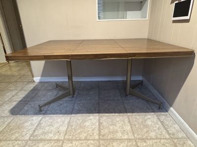 Vintage Mid-Century Modern Extensible Dining by Table with Pedestal Base, Wood Finish