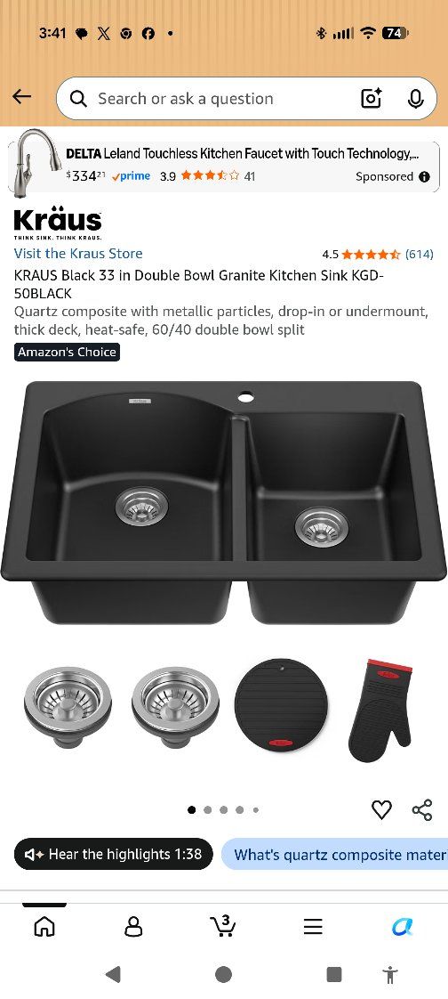 Kraus Black 33-Inch Double Bowl Granite Kitchen Sink KGD-52 BLACK