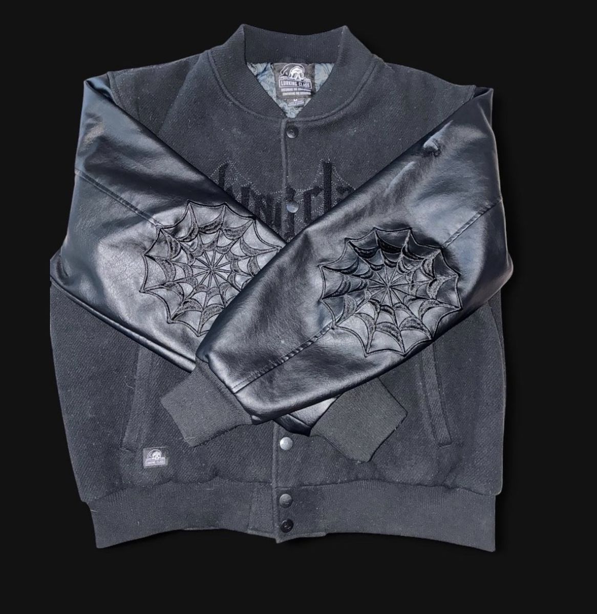 Lurking Class Black Varsity Jacket with Spiderweb Leather Sleeves