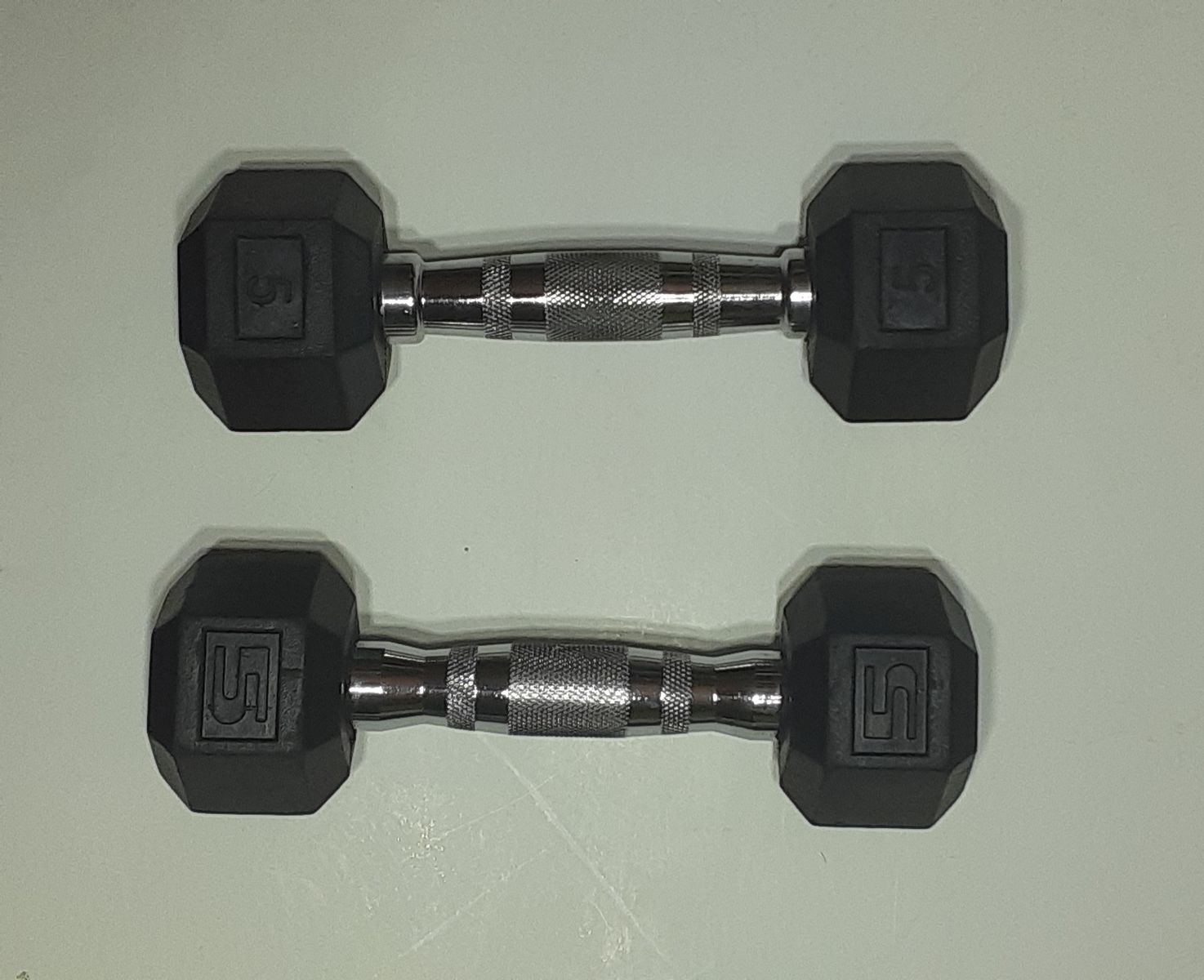 Two 5-lbs Rubber Coated Cast Iron Hex Dumbbells in New Condition 