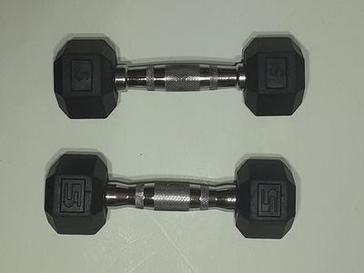 Two 5-lbs Rubber Coated Cast Iron Hex Dumbbells in New Condition