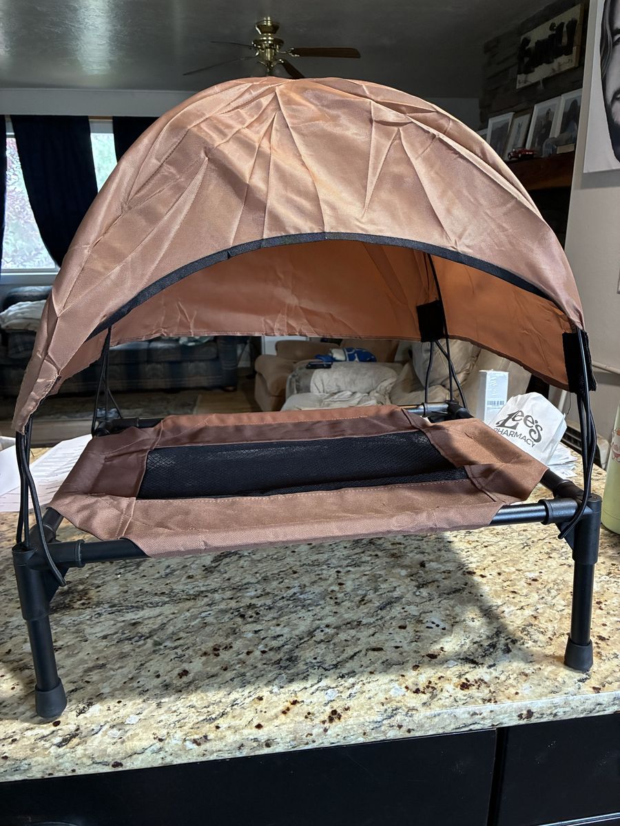 New, Portable Elevated Pet Bed with Canopy - Brown Mesh Dog/Cat Cot for Outdoor & Indoor Use, 22x 17