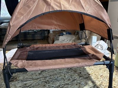 New, Portable Elevated Pet Bed with Canopy - Brown Mesh Dog/Cat Cot for Outdoor & Indoor Use, 22x 17