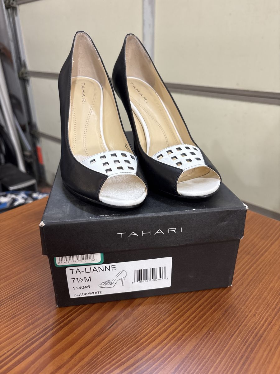 Tahari TA-LIANNE Black/White Peep Toe Pumps - Size 7.5M, White Perforated Detail
