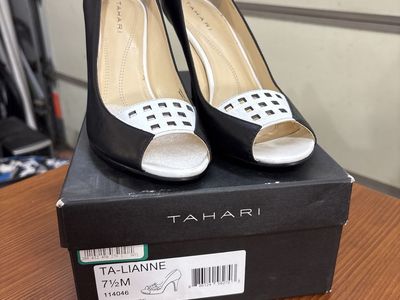 Tahari TA-LIANNE Black/White Peep Toe Pumps - Size 7.5M, White Perforated Detail