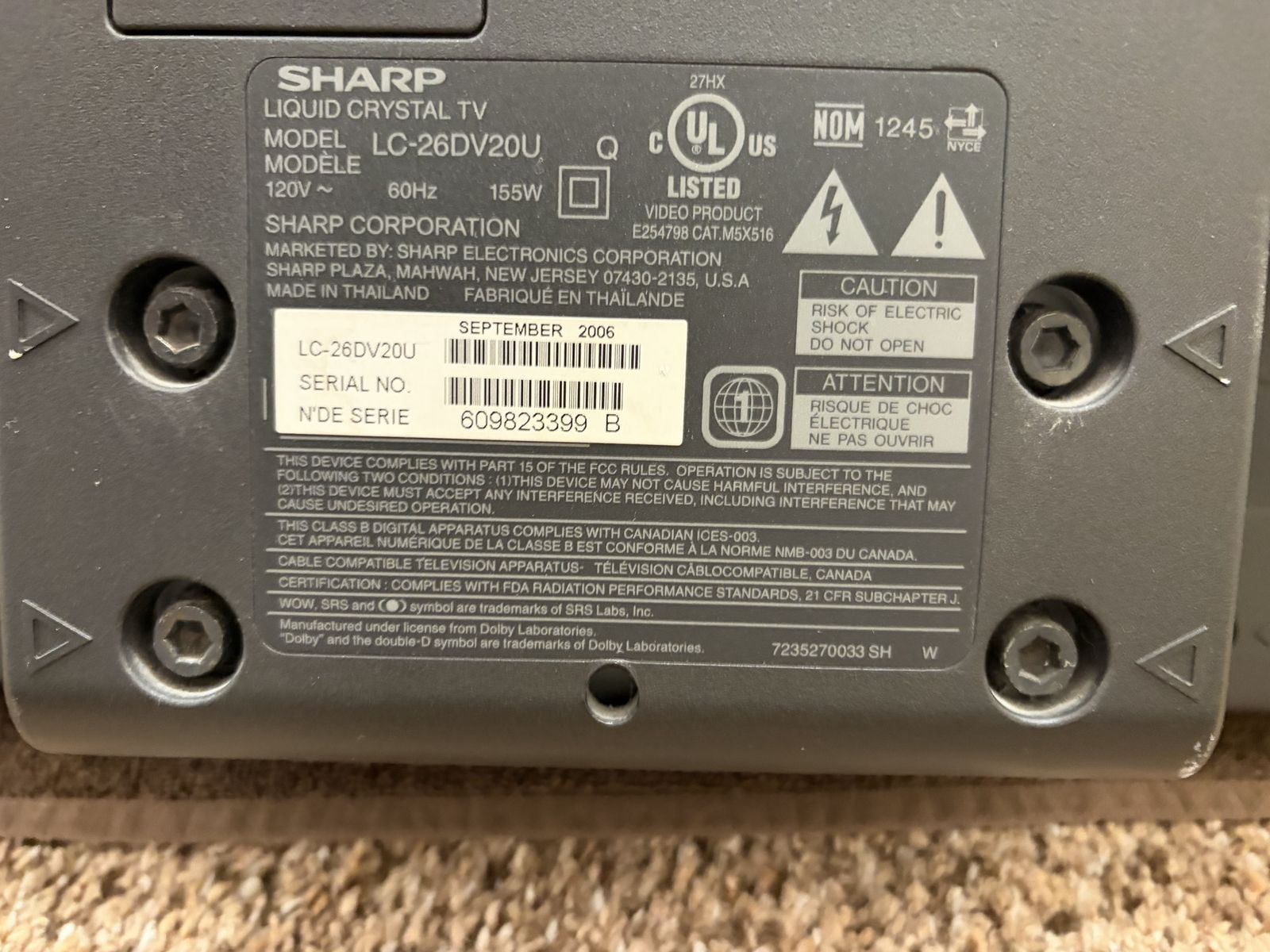 Sharp LC-26DV20U 26 Inch Liquid Crystal TV with Remote