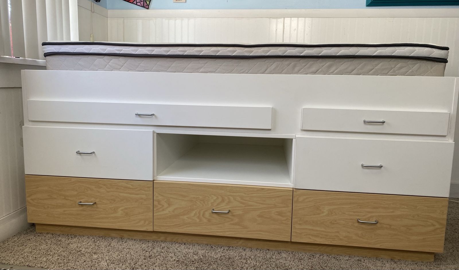 White & Wood Finish Platform Bed Frame with Storage Drawers - Full/Queen