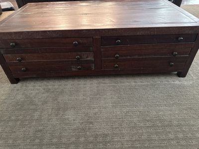 Distressed, Rustic Dark Wood Coffee Table with Multiple Storage Drawers
