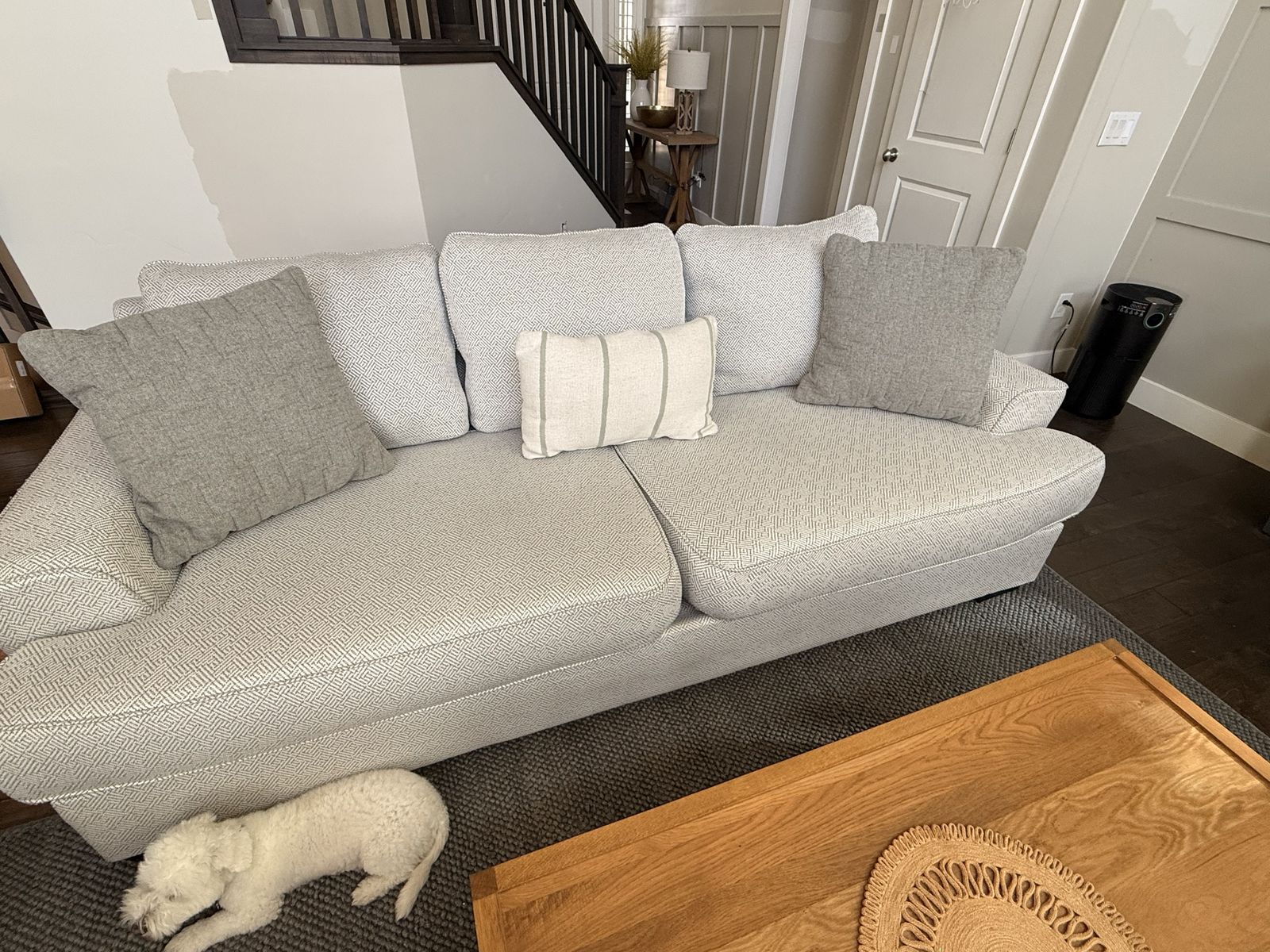Modern Grey Patterned Fabric Sofa with Accent Pillows