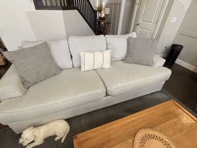 Modern Grey Patterned Fabric Sofa with Accent Pillows