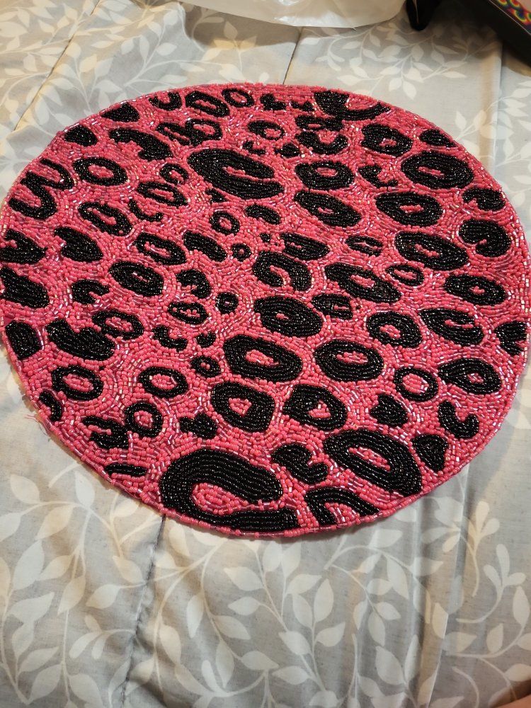 Luxurious Home 15" Round Beaded Placemat - Pink & Black Leopard Print, Polyester