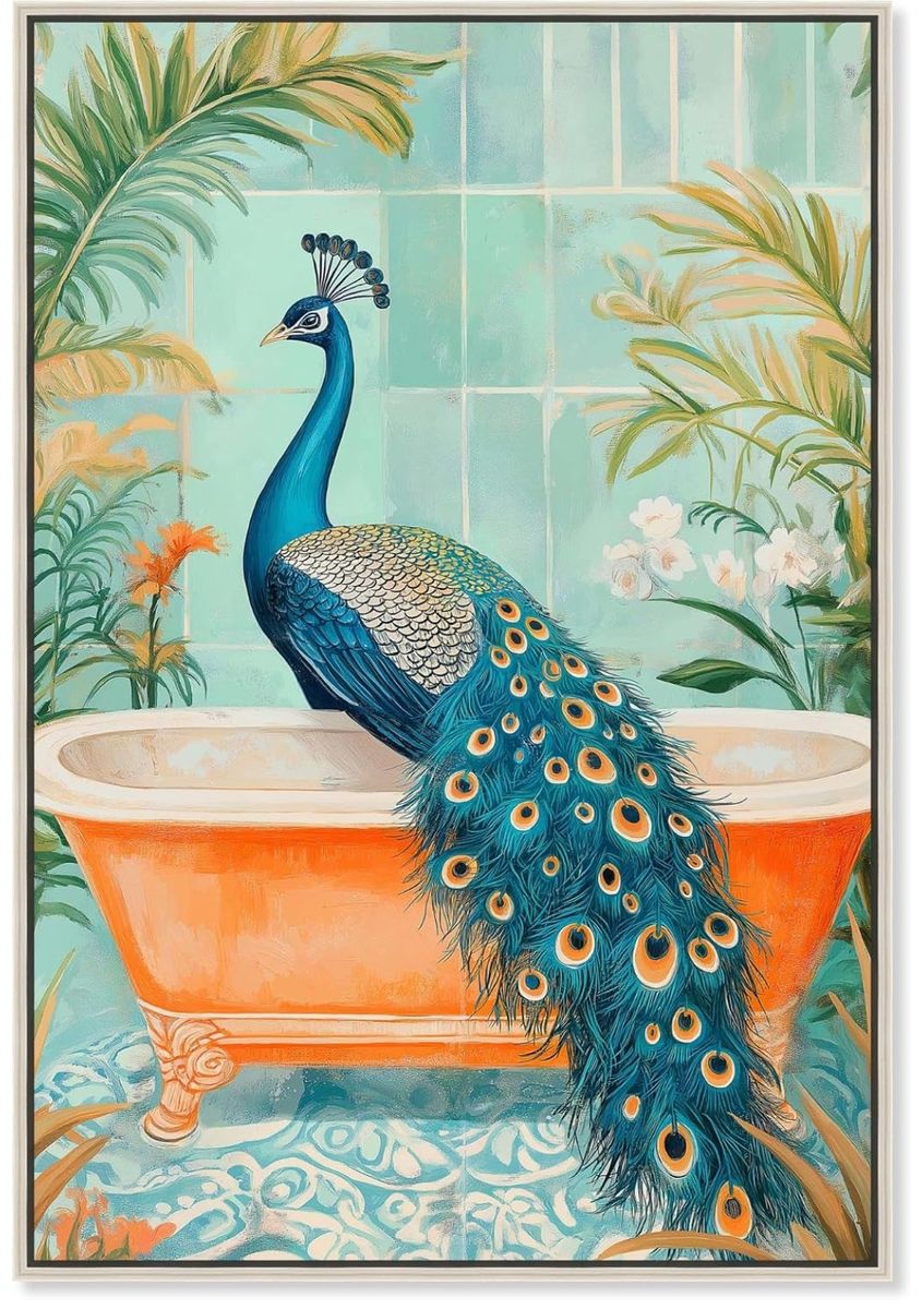 36" x 54" Elegant Peacock Bath Canvas Jungle Bathroom Art, Silver Frame