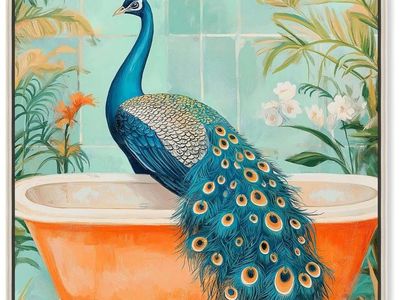 36" x 54" Elegant Peacock Bath Canvas Jungle Bathroom Art, Silver Frame