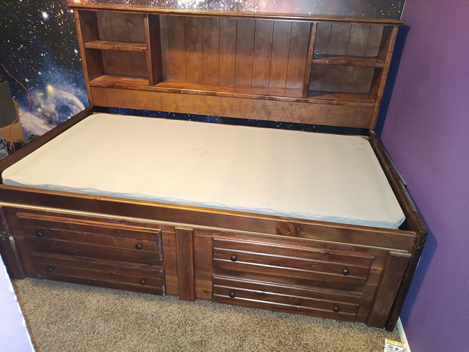 Twin Sized Bed Frame W/ Shelving & Drawers