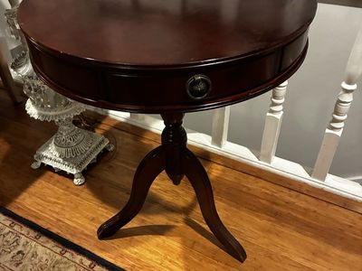 Dark Wood Round Accent Table with Single Drawer and Pedestal Base Duncan Table