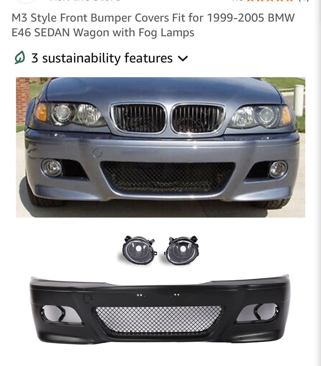 M3 Style Front Bumper Cover for 1999-2005 BMW E46 Sedan/Wagon with Fog Lamps