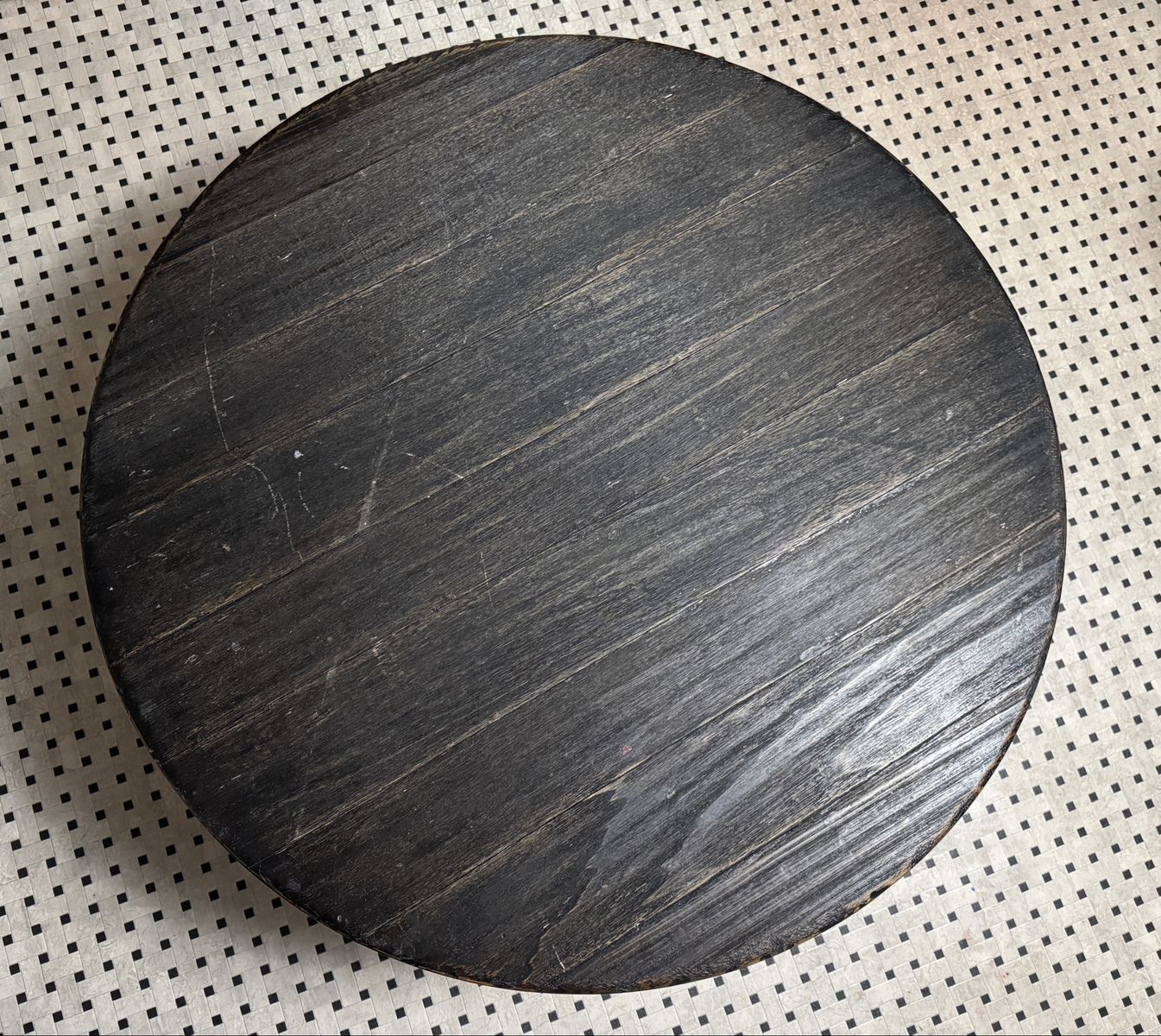 Rustic Round Dark Wood Coffee Table with Lower Storage Shelf