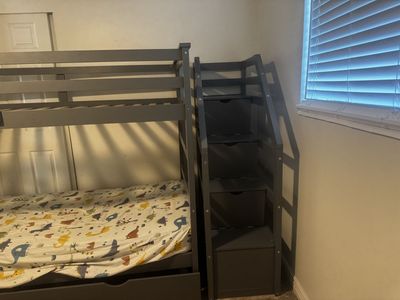Gray Twin-Over-Twin Bunk Bed with Stairway Storage & Trundle, Space-Saving Design