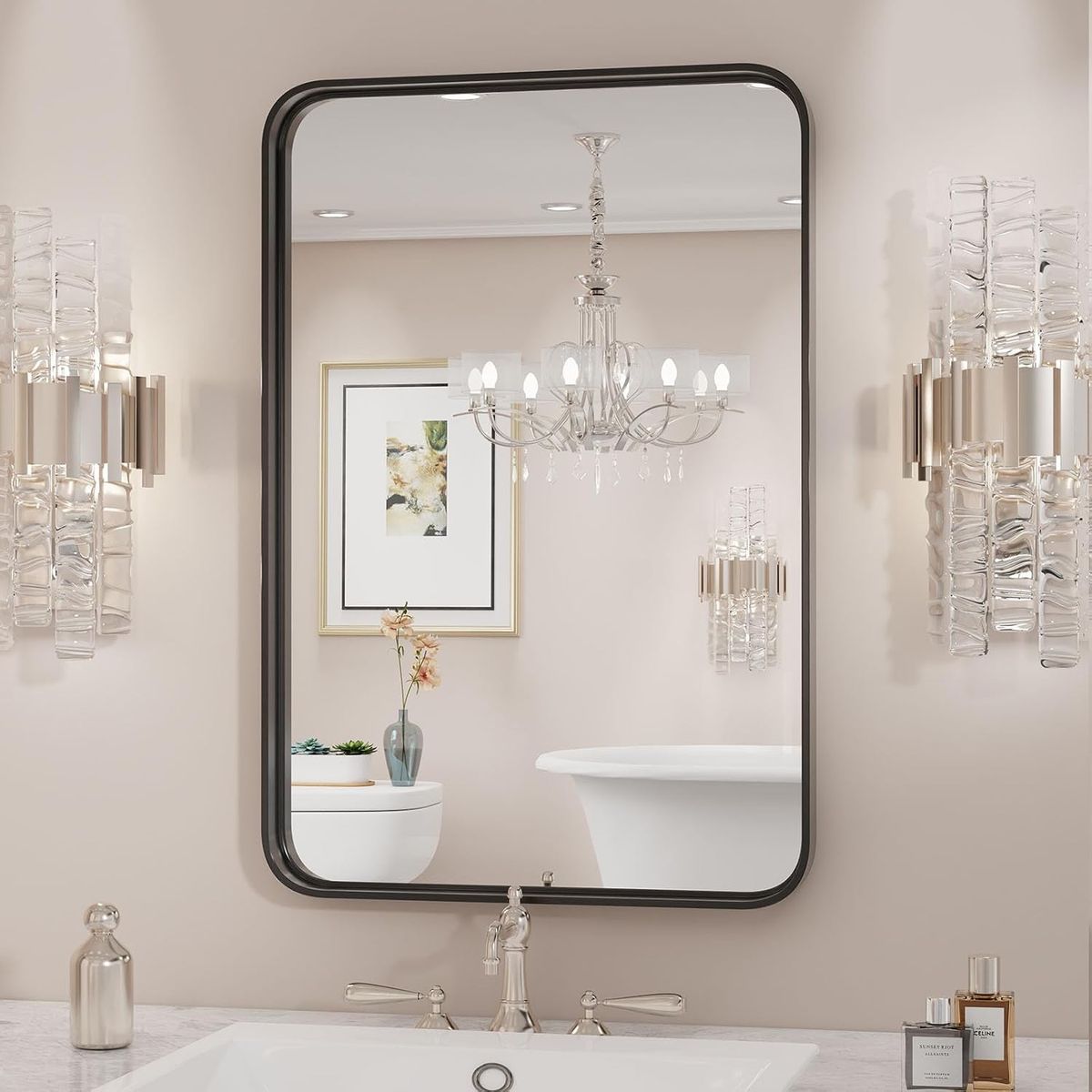 New in box 1 Black Bathroom Vanity Mirror for Wall, 30Lx22W Inch Metal Framed Wall Mirror