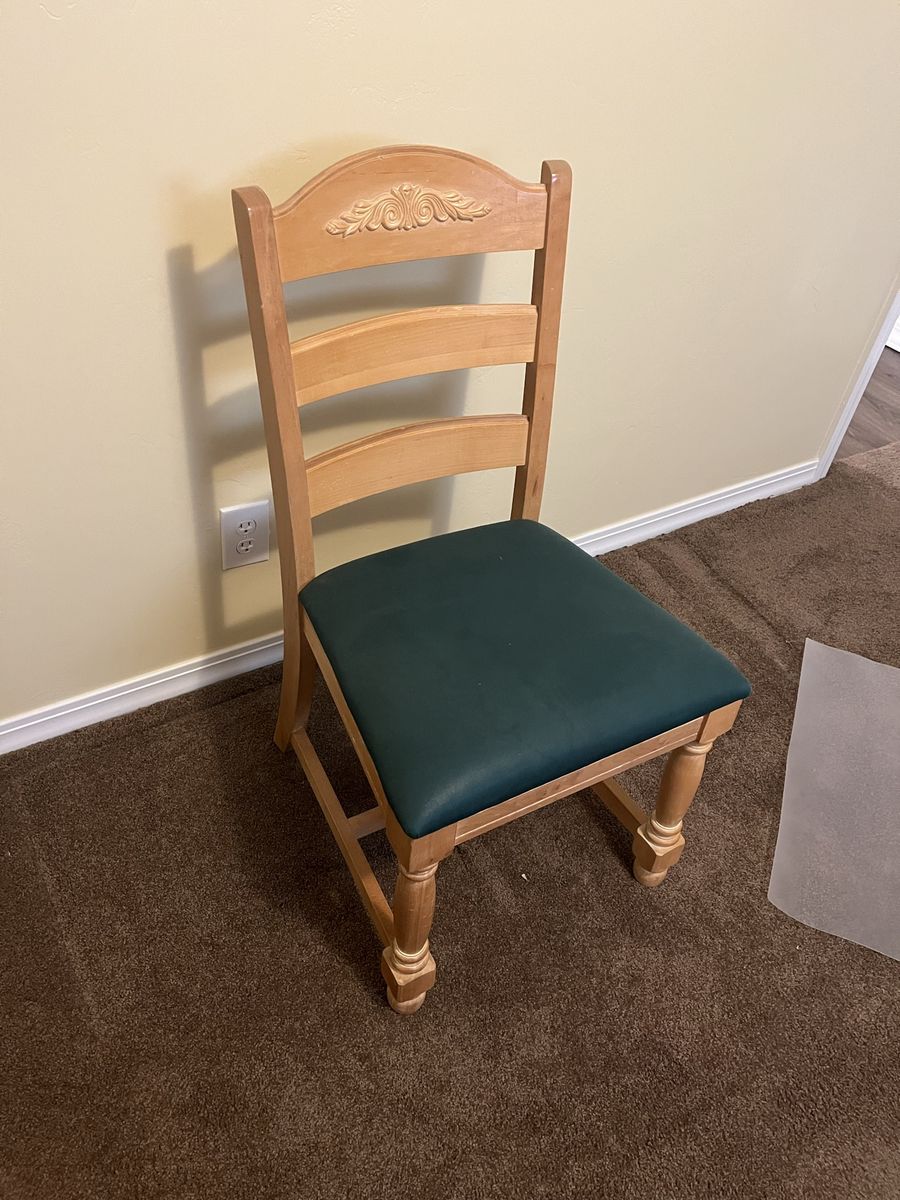 Wooden Dining Chair with Carved Back and Green Upholstered Seat