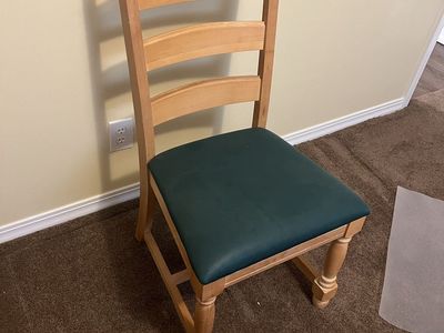 Wooden Dining Chair with Carved Back and Green Upholstered Seat