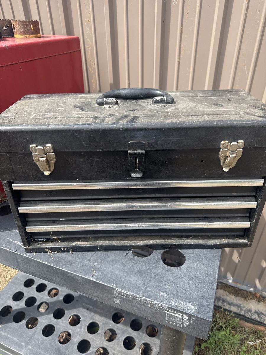 Vintage Black Metal Portable Toolbox with 3 Drawers and Socket Set