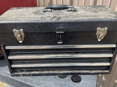 Vintage Black Metal Portable Toolbox with 3 Drawers and Socket Set