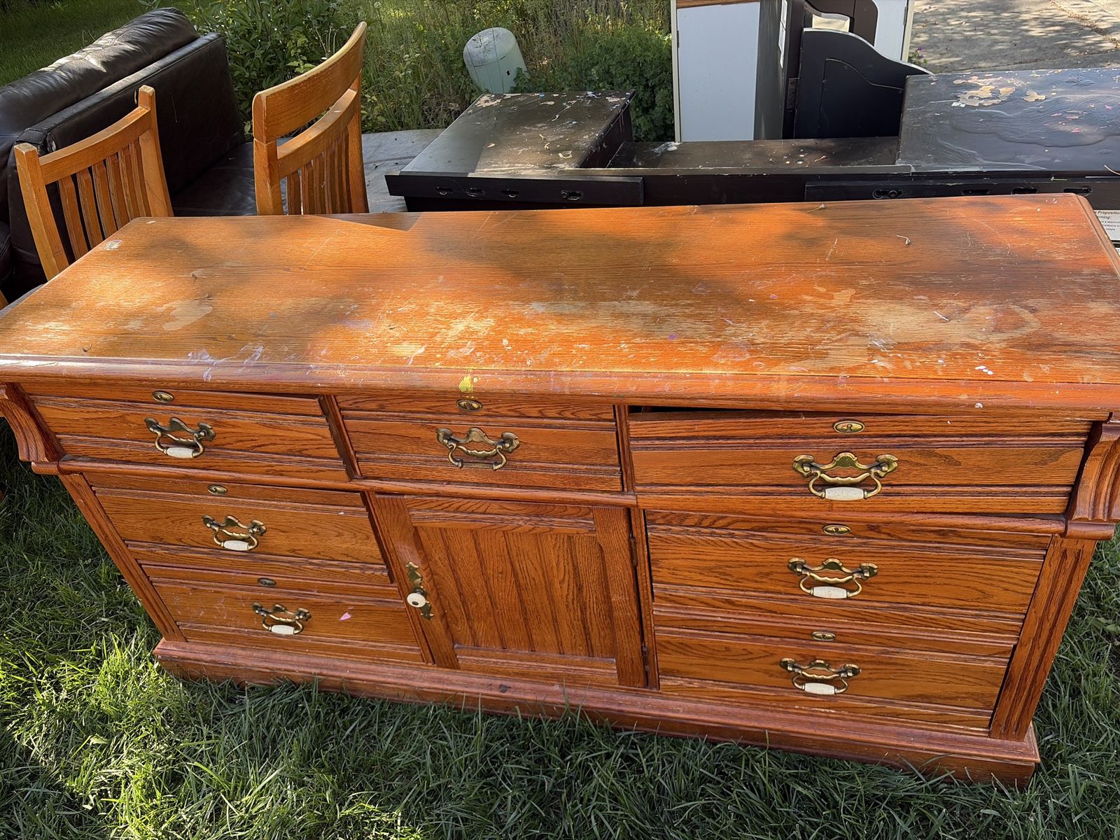 Oak Wood Dresser / Buffet - 9 Drawers & Center Cabinet - Distressed Farmhouse Style
