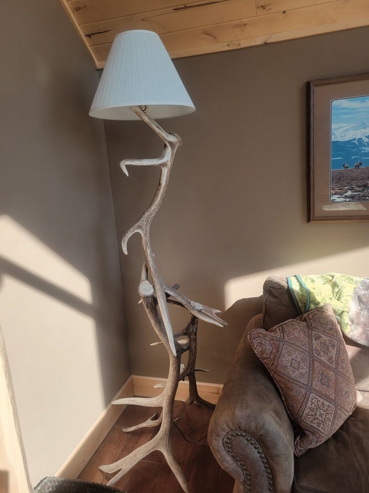 Handcrafted Elk Antler Floor Lamps (pair) with Pleated Fabric Shade