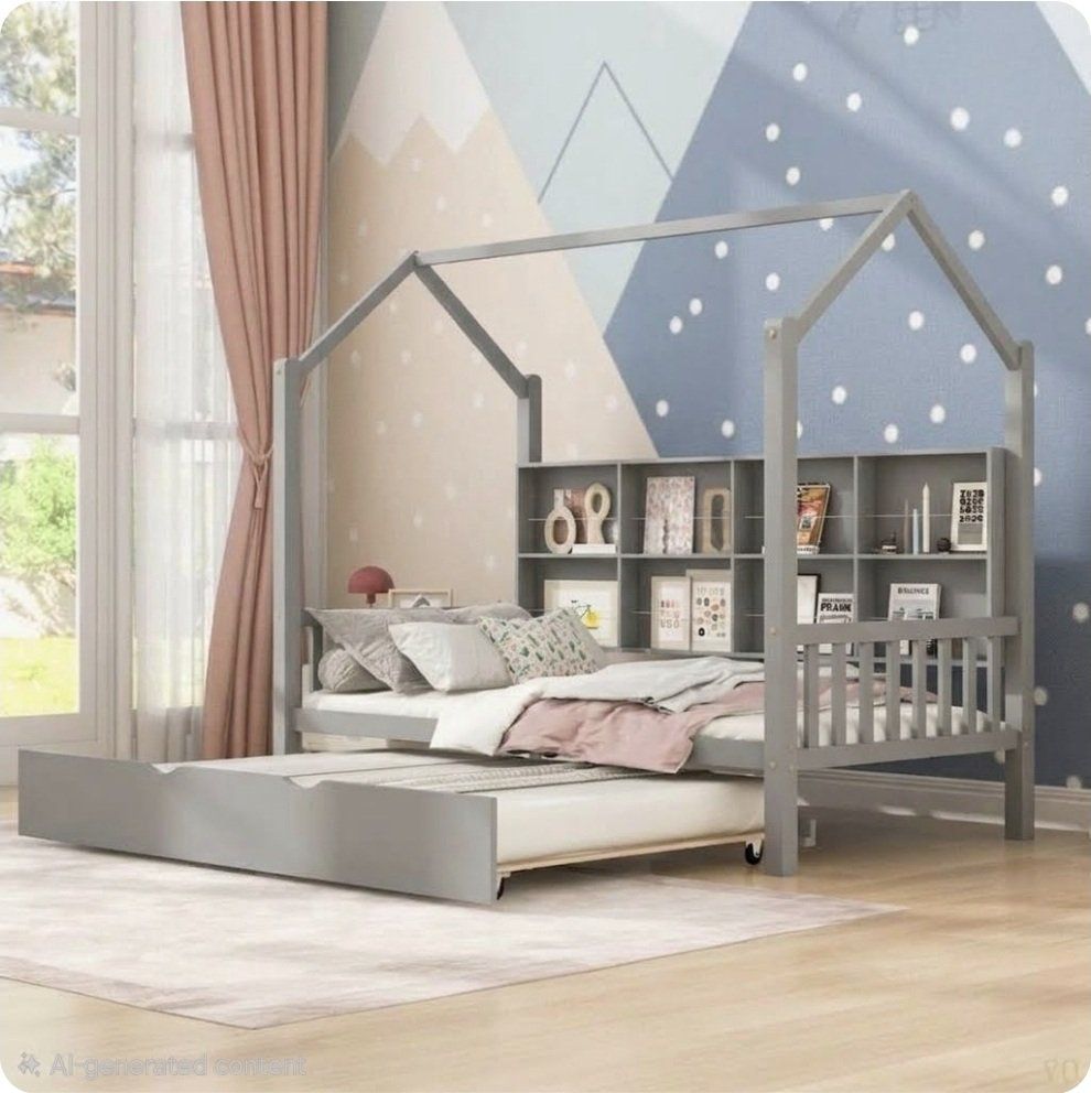 Full House Bed with Pull Out Trundle - Grey