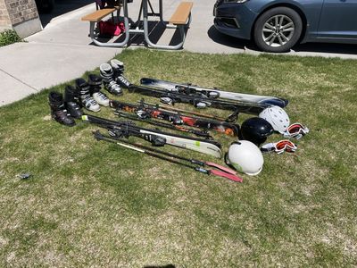 Skis, boots, poles, helmets