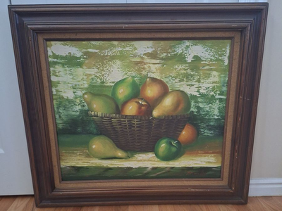 Vintage oil painting on canvas depicting a basket of fruit. 31.75" wide x 28.25" tall.