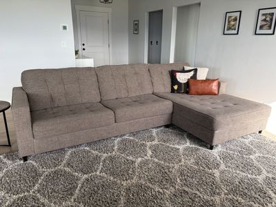 Large 10 ft Mid-Century Modern Tufted Sectional Sofa with Chaise. Pet-free home