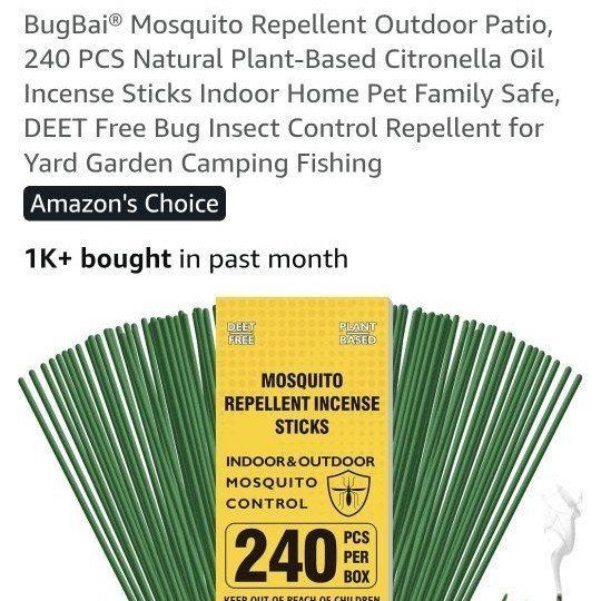 New BugBai Natural Mosquito Repellent Incense Sticks Plant-Based DEET Free 240 Count