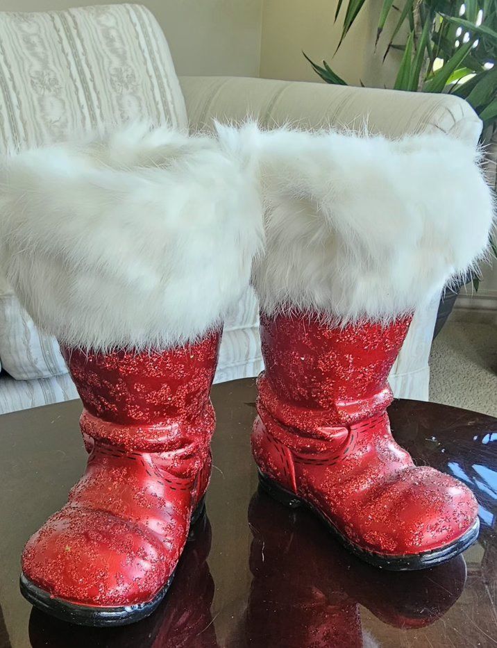 Red Glitter Santa Boots with White Faux Fur Trim Christmas Decor 9"T