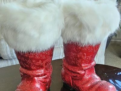 Red Glitter Santa Boots with White Faux Fur Trim Christmas Decor 9"T