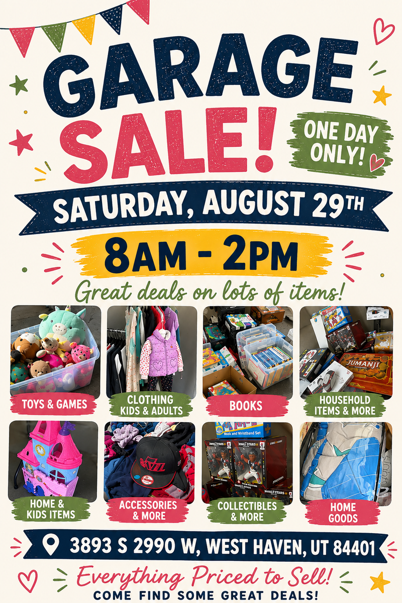 Garage Sale Saturday Aug 29 – Toys, Clothes, Books & More