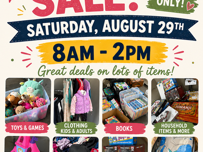 Garage Sale Saturday Aug 29 – Toys, Clothes, Books & More