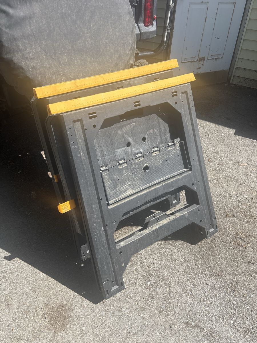 Pair of Folding Plastic Sawhorses with Yellow Measurement Top Rails