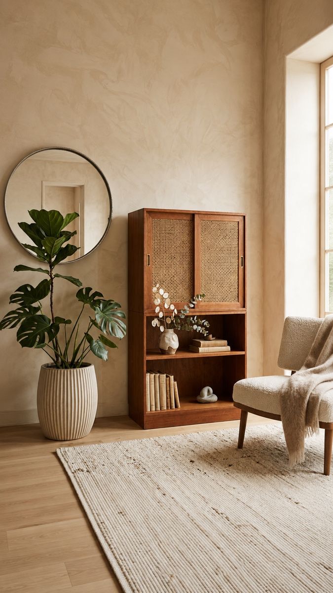 Vintage Mid Century Teak Modular Stacking Cabinet Bookcase w/Woven Cane Sliding Doors & Plinth Base • Made in Taiwan
