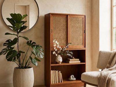 Vintage Mid Century Teak Modular Stacking Cabinet Bookcase w/Woven Cane Sliding Doors & Plinth Base • Made in Taiwan