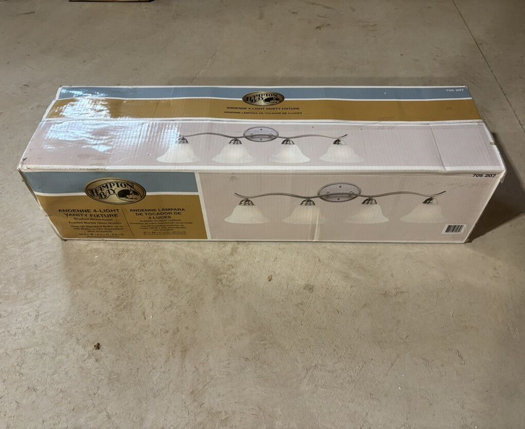 HALF PRICE OF HOME DEPOT! BRAND NEW IN BOX Hampton Bay 4-Light Bathroom Vanity Light Fixture In Brushed Nickel