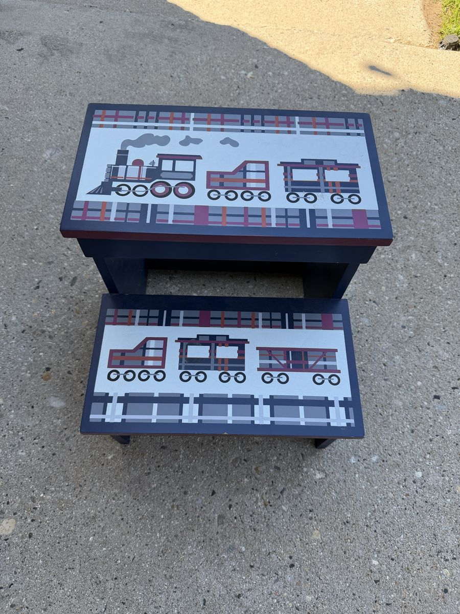 Child's Train Themed Wooden Step Stool - Two Steps, Navy Blue with Plaid and Train Decals