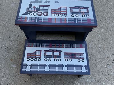 Child's Train Themed Wooden Step Stool - Two Steps, Navy Blue with Plaid and Train Decals