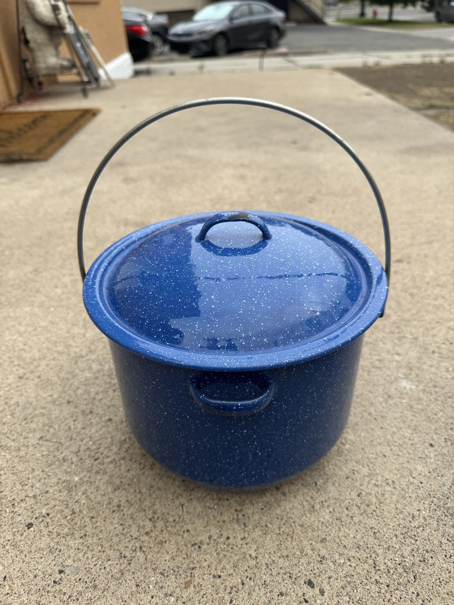 Blue Speckled Enamel Pot with Lid and Handle 7” Tall