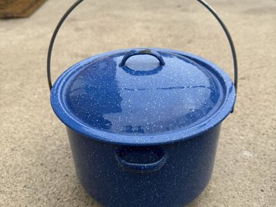 Blue Speckled Enamel Pot with Lid and Handle 7” Tall