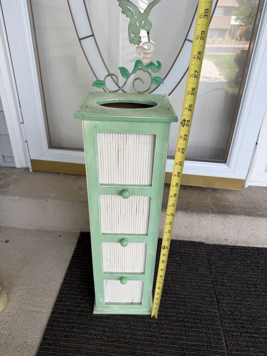 Vintage Green Wooden Toilet Paper Holder Cabinet Hummingbird Metal Top 25 Inch Tall