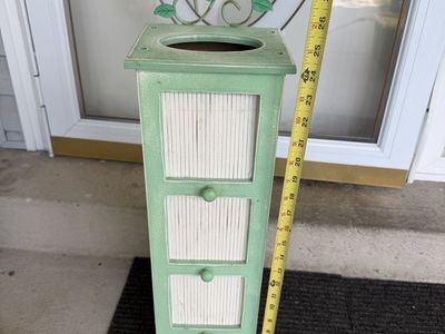 Vintage Green Wooden Toilet Paper Holder Cabinet Hummingbird Metal Top 25 Inch Tall
