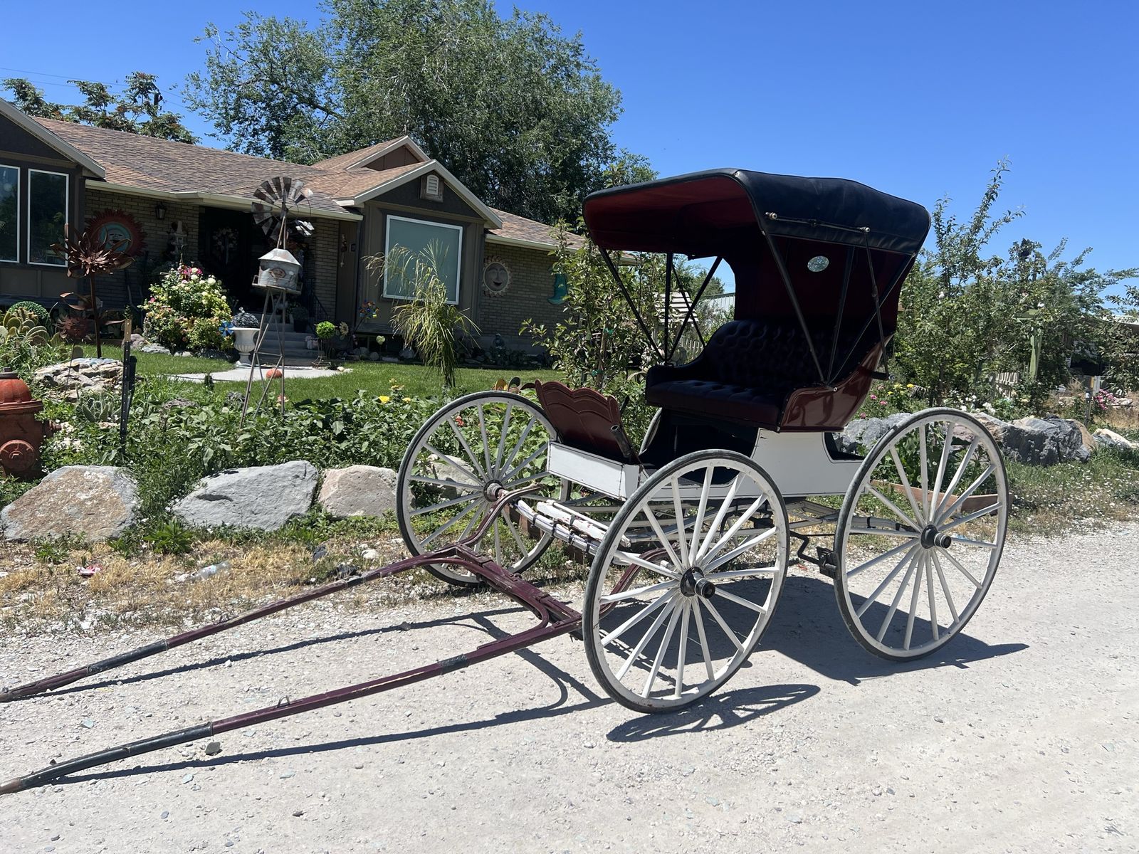 Classic Horse Buggy / Carriage - White & Maroon with Black Upholstery - Excellent Condition